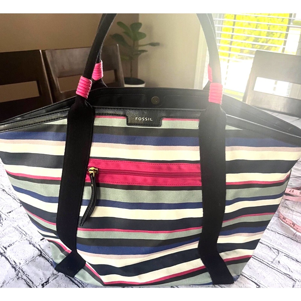 Fossil Large Multicolor Striped Tote Back Durable Pockets Logo Coated Canvas